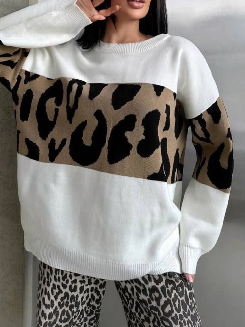 Leopard Color Block Round Neck Sweater