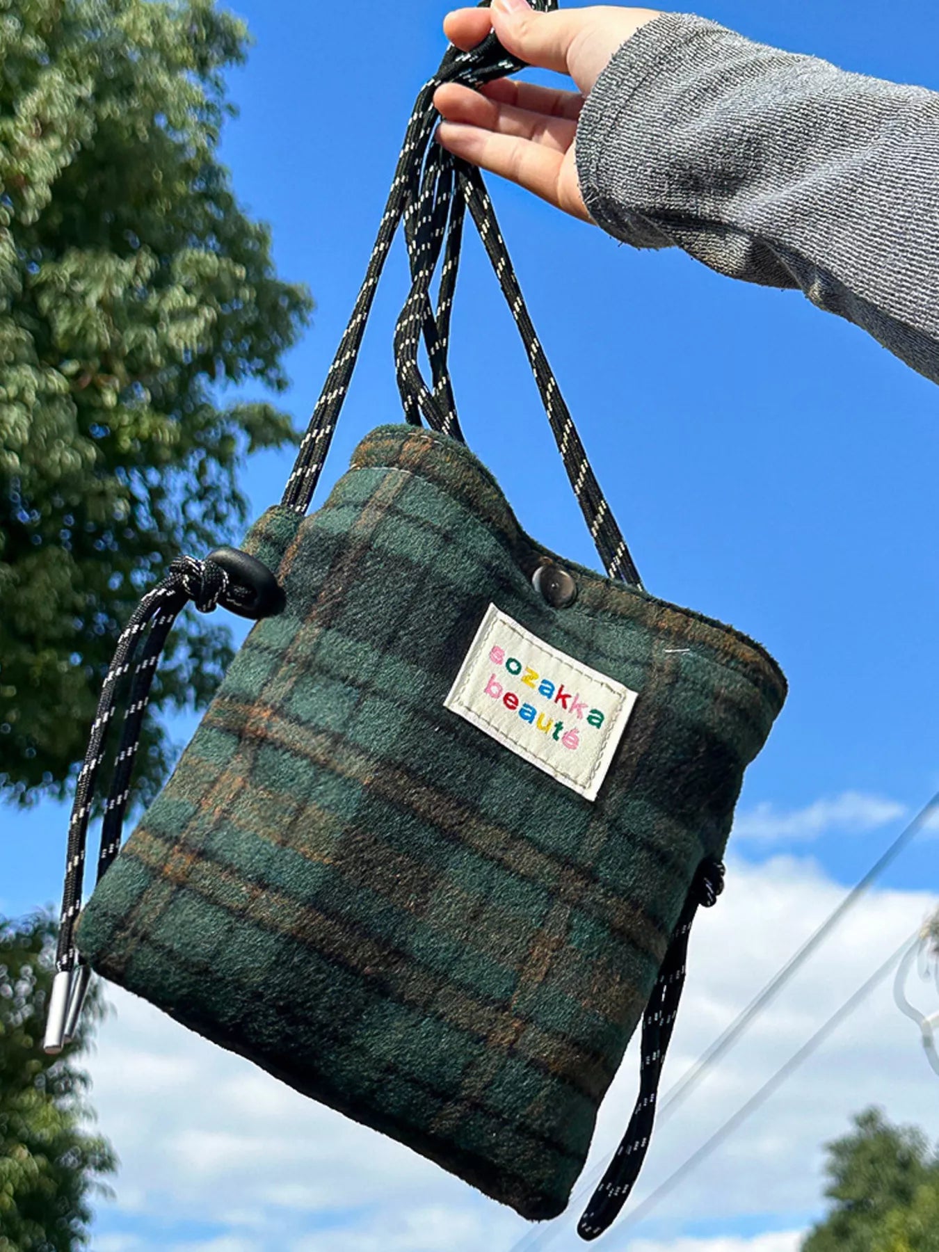 Plaid Pattern Drawstring Crossbody Bag