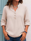 Full Size Button Detail Notched Long Sleeve Blouse Plus Size