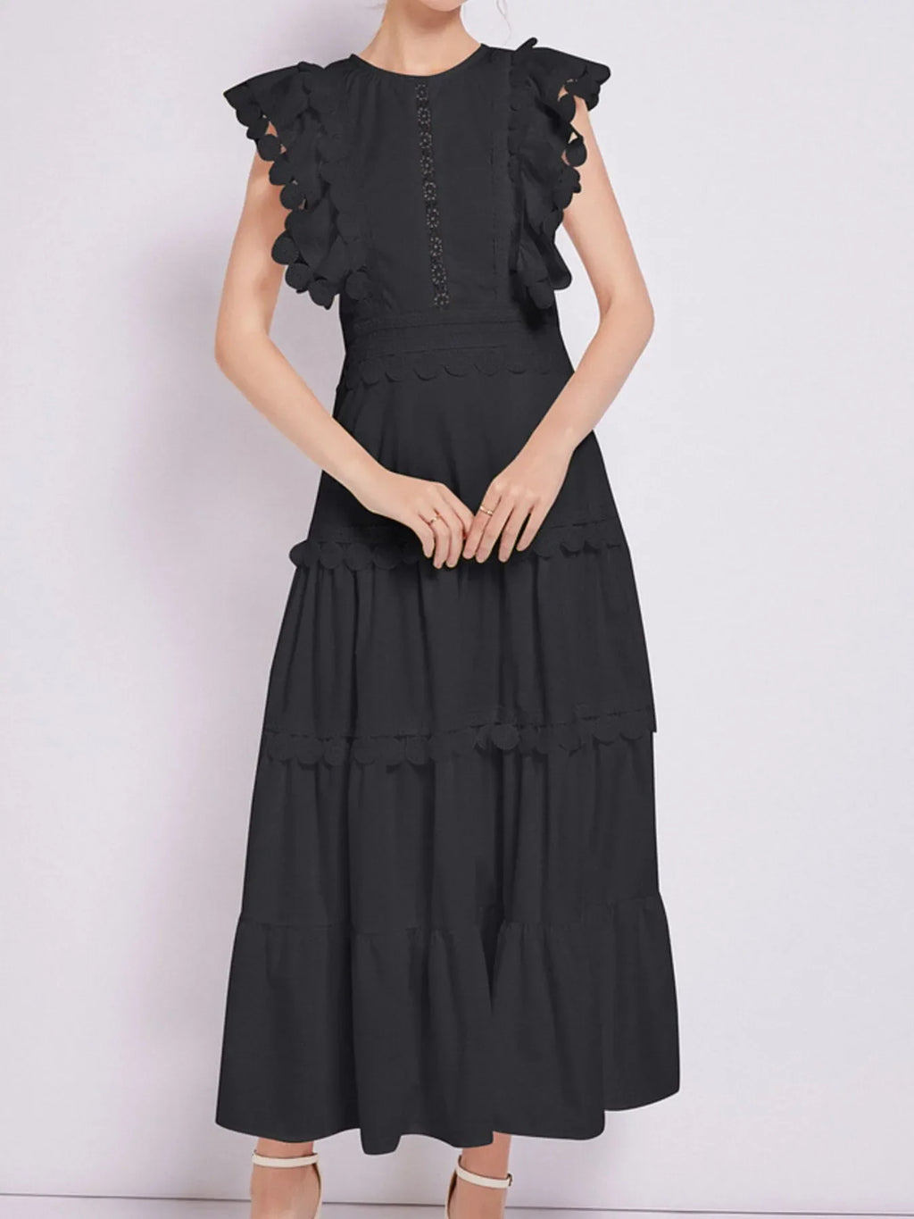 Sleeveless Ruffled Tiered Dress with Embroidered Trim
