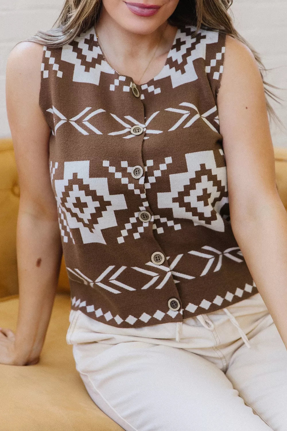 Western Geometric Pattern Sleeveless Knit Sweater Vest