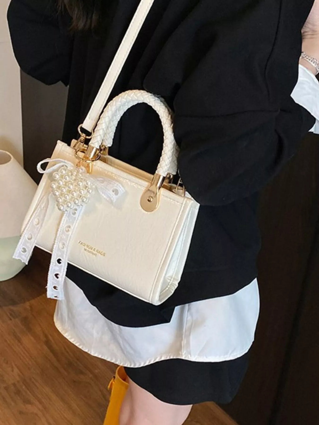 Braided Handle Pearl Decor Crossbody Bag