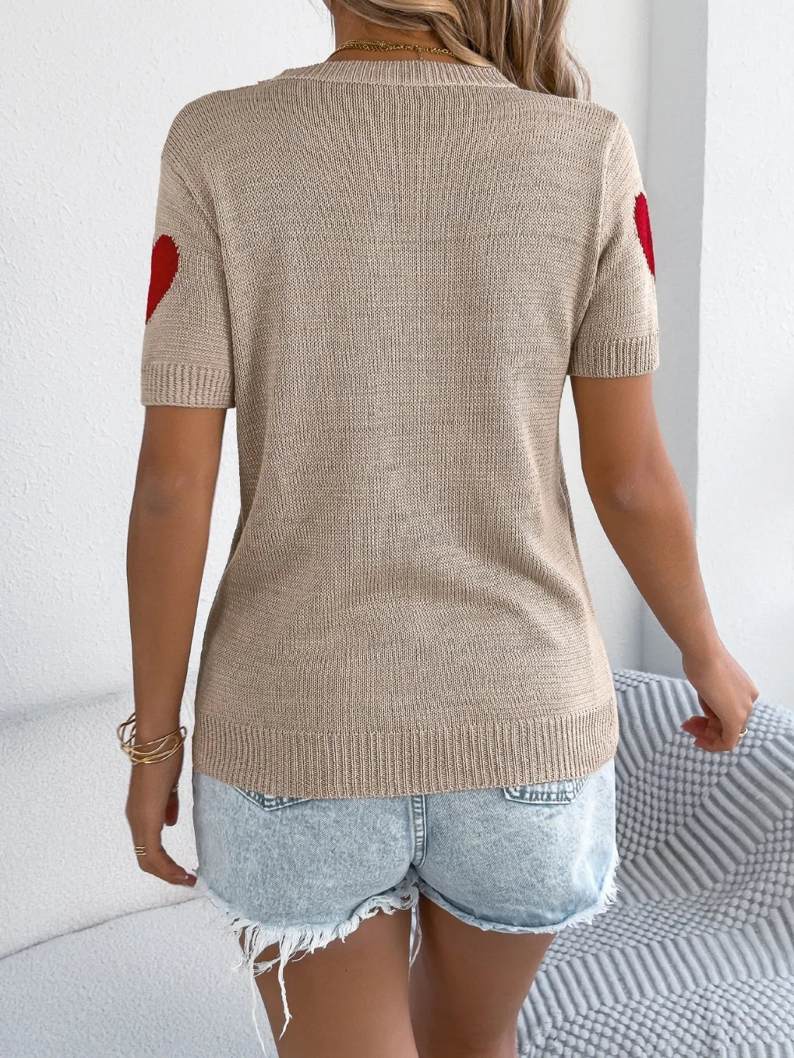 Heart Round Neck Short Sleeve Knit Top