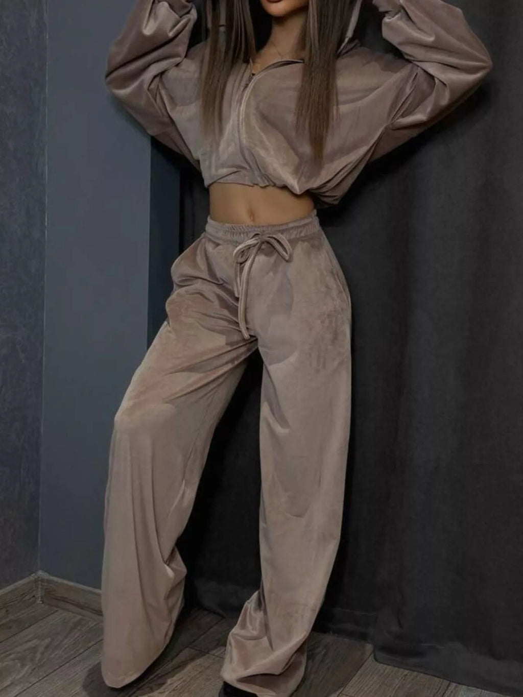 Zip Up Cropped Outerwear and Pants Set