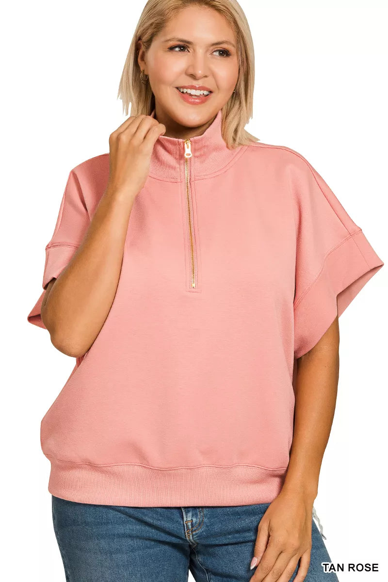 Zenana Full Size Scuba High Neck Half Zip Short Sleeve Top Plus Size