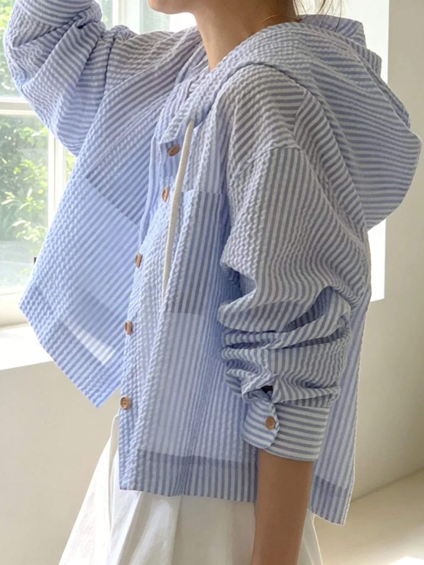Striped Hooded Shirt with Drawstring Detail