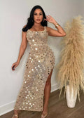 Sequin Embellished Crochet Maxi Dress with High Slit
