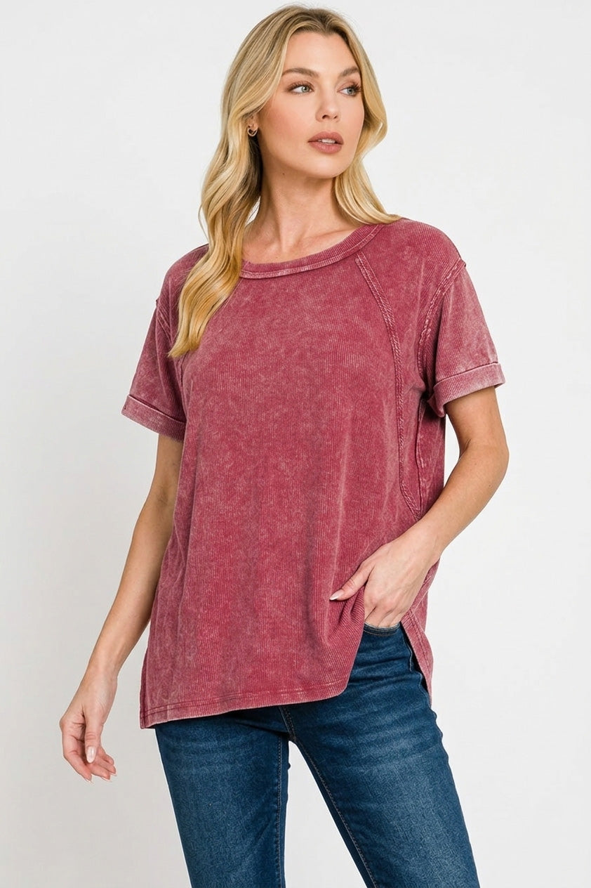 Zenana Washed Ribbed Cuffed Short Sleeve Round Neck Top