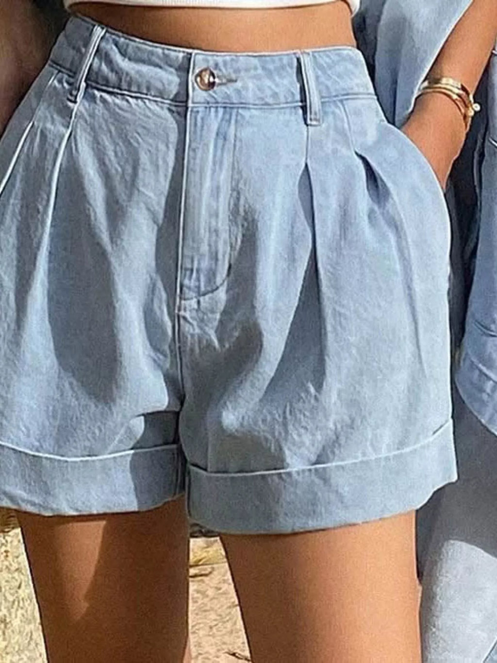 Button Up Long Sleeve Shirt and Shorts Denim Set