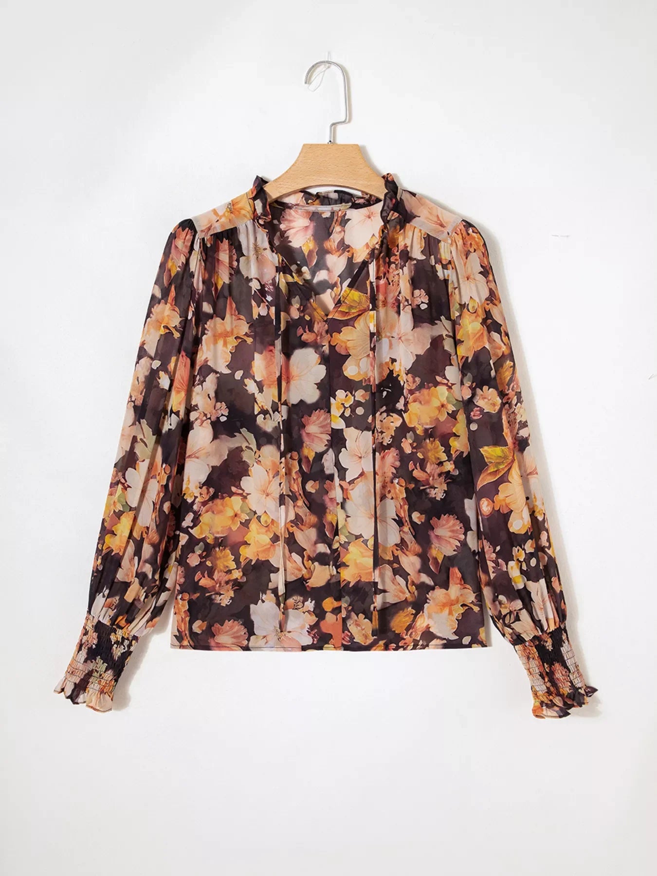 Floral V Neck Long Puff Sleeve Breezy Blouse