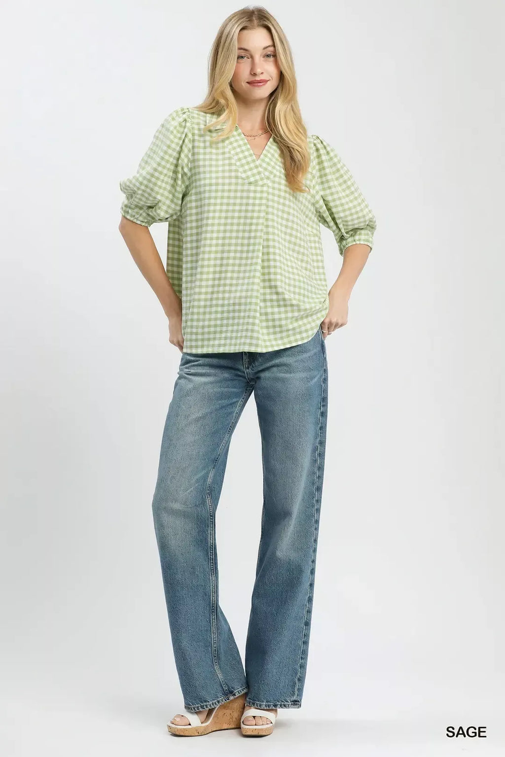 Umgee Gingham Puff Sleeve Collared Blouse