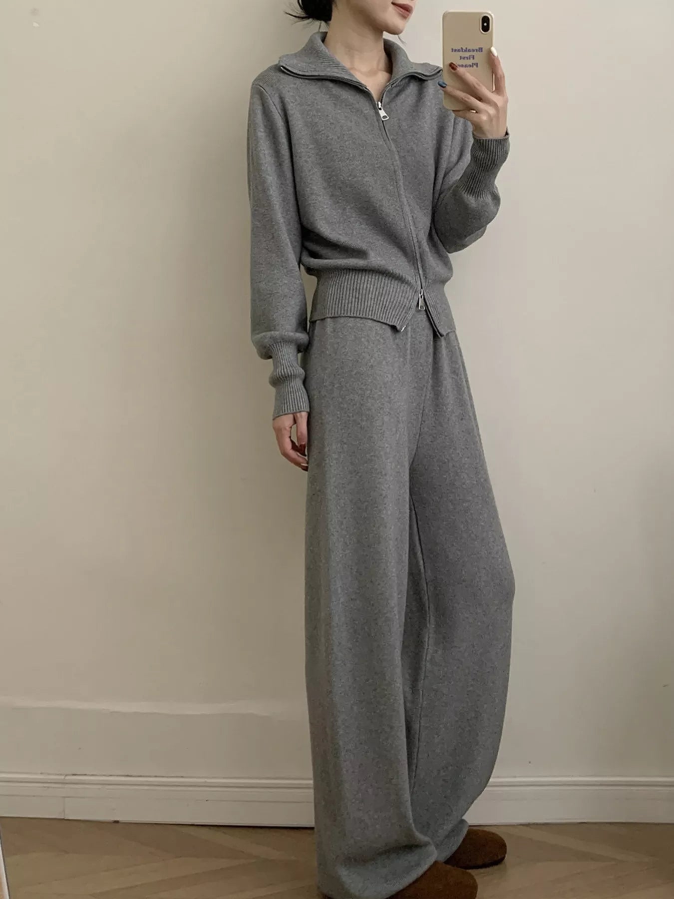 Zip Up Outerwear and Wide Leg Pants Set
