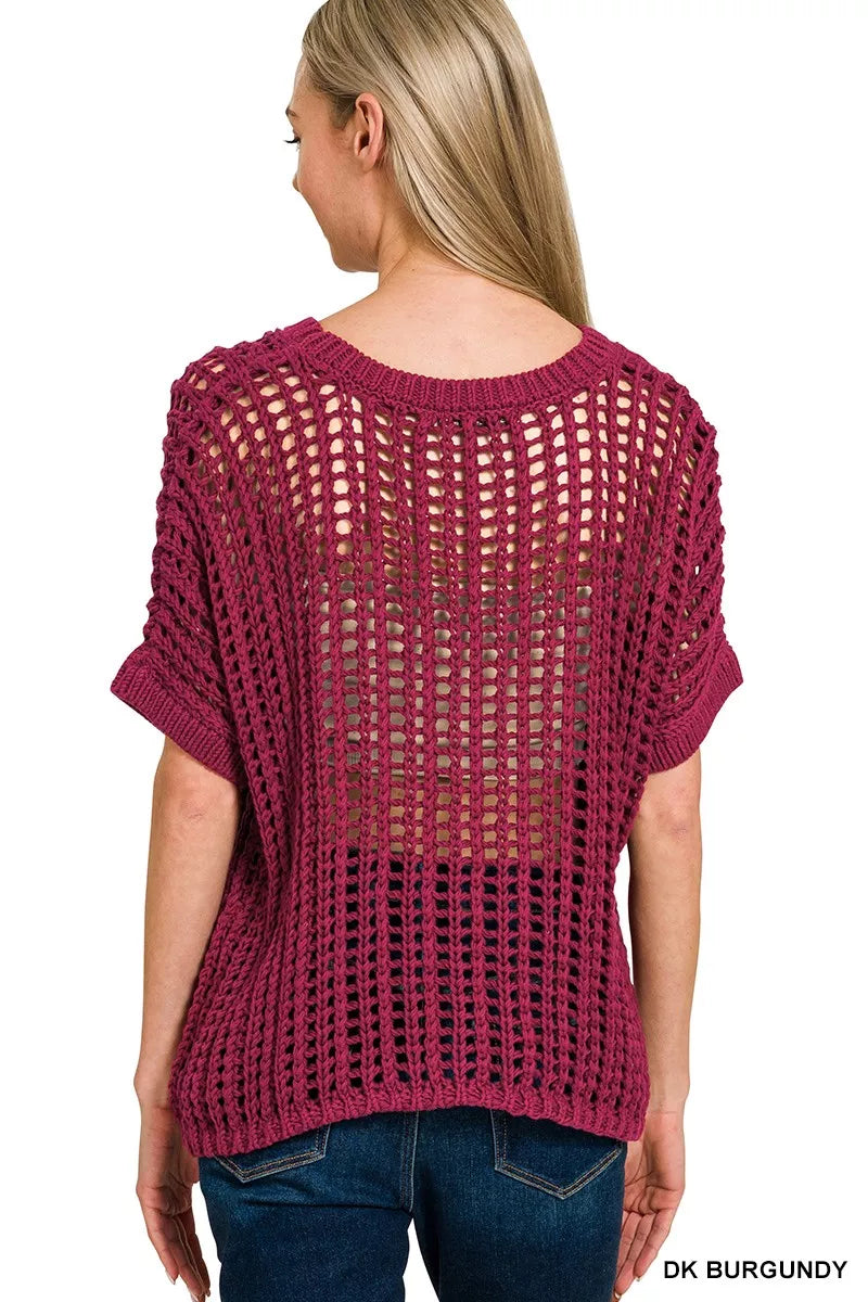 Zenana Fish Net Short Sleeve Crochet Knit Cover Up