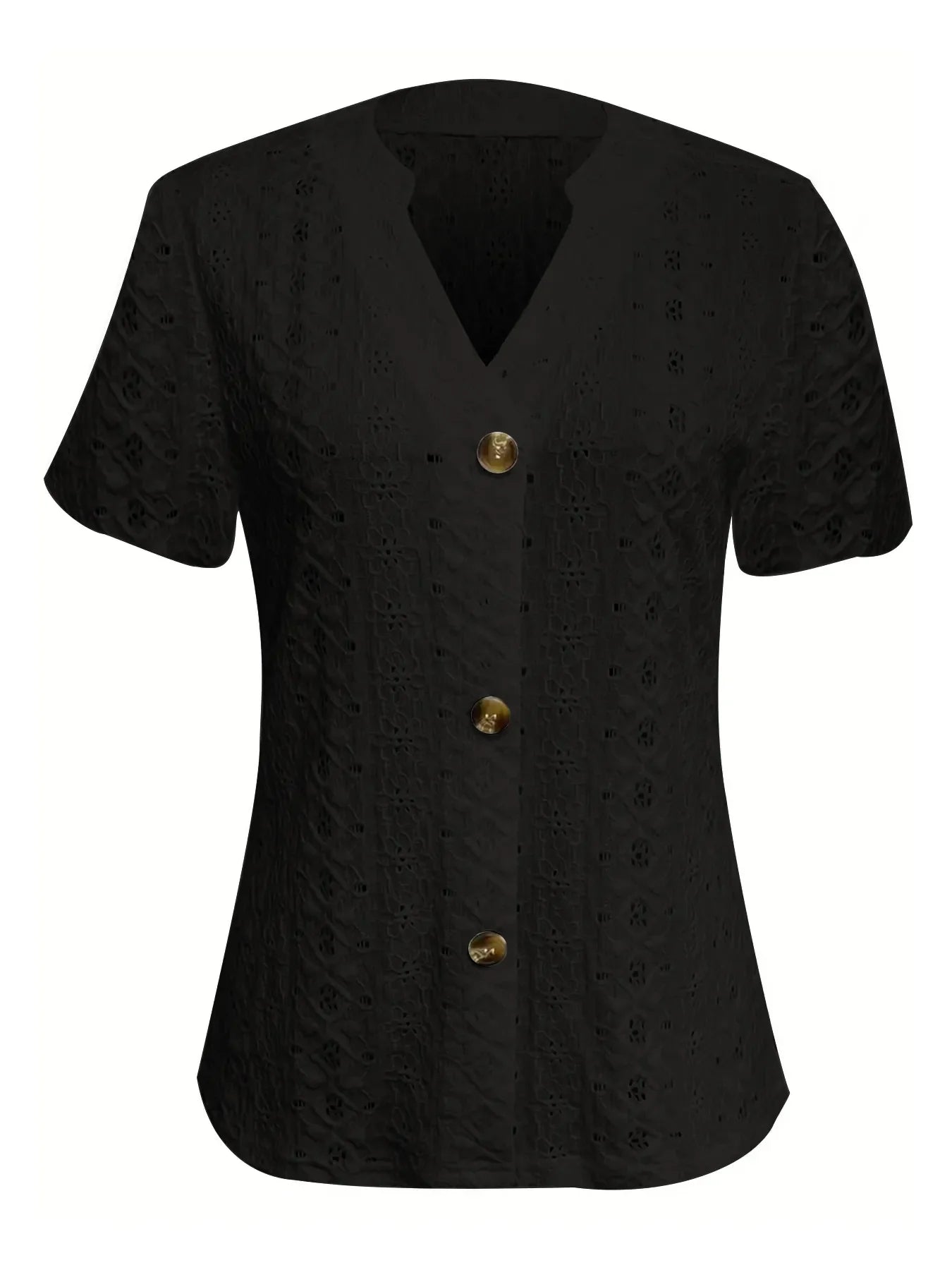 Openwork Notched Short Sleeve Top
