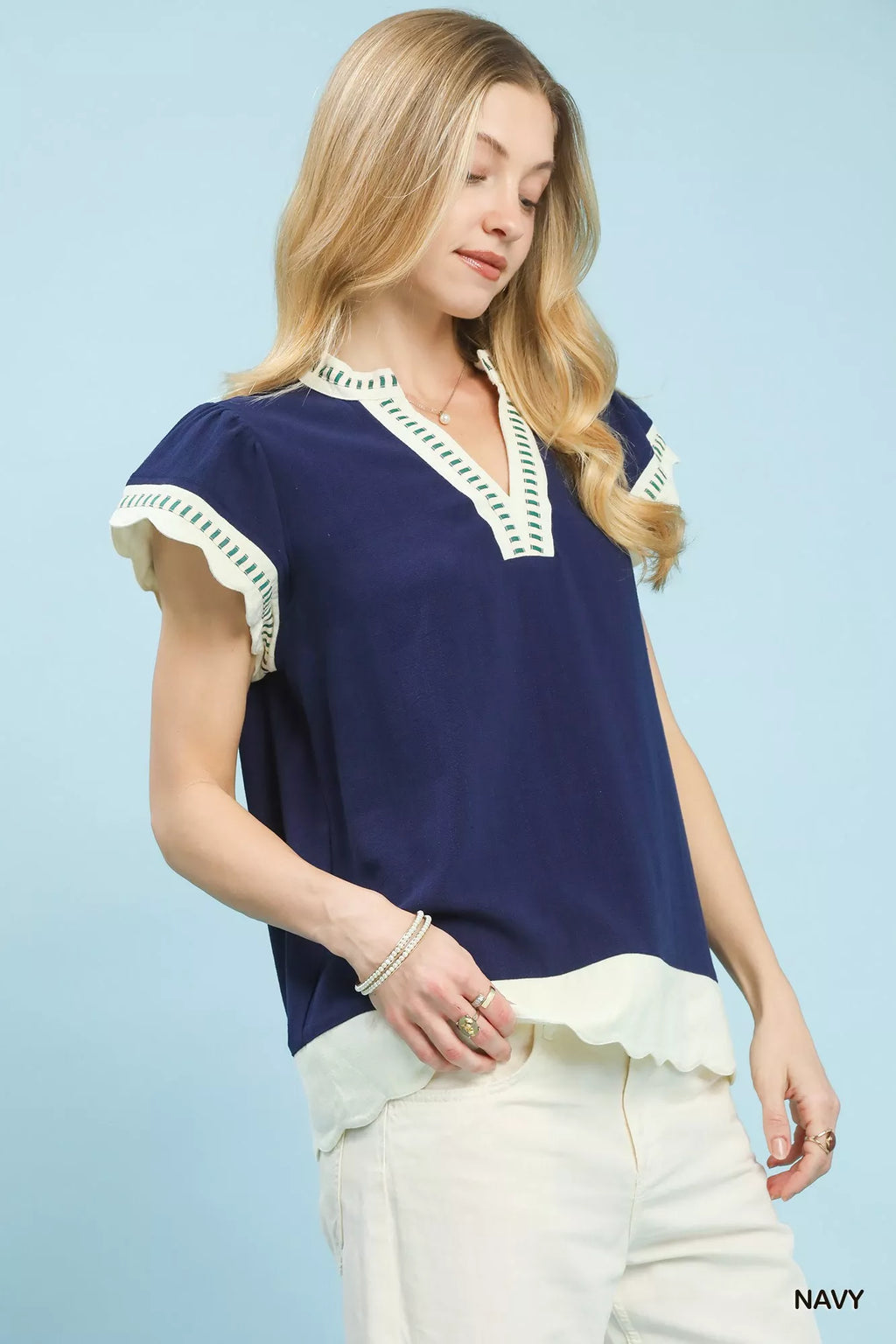 Umgee Contrast Scallop Trim Top