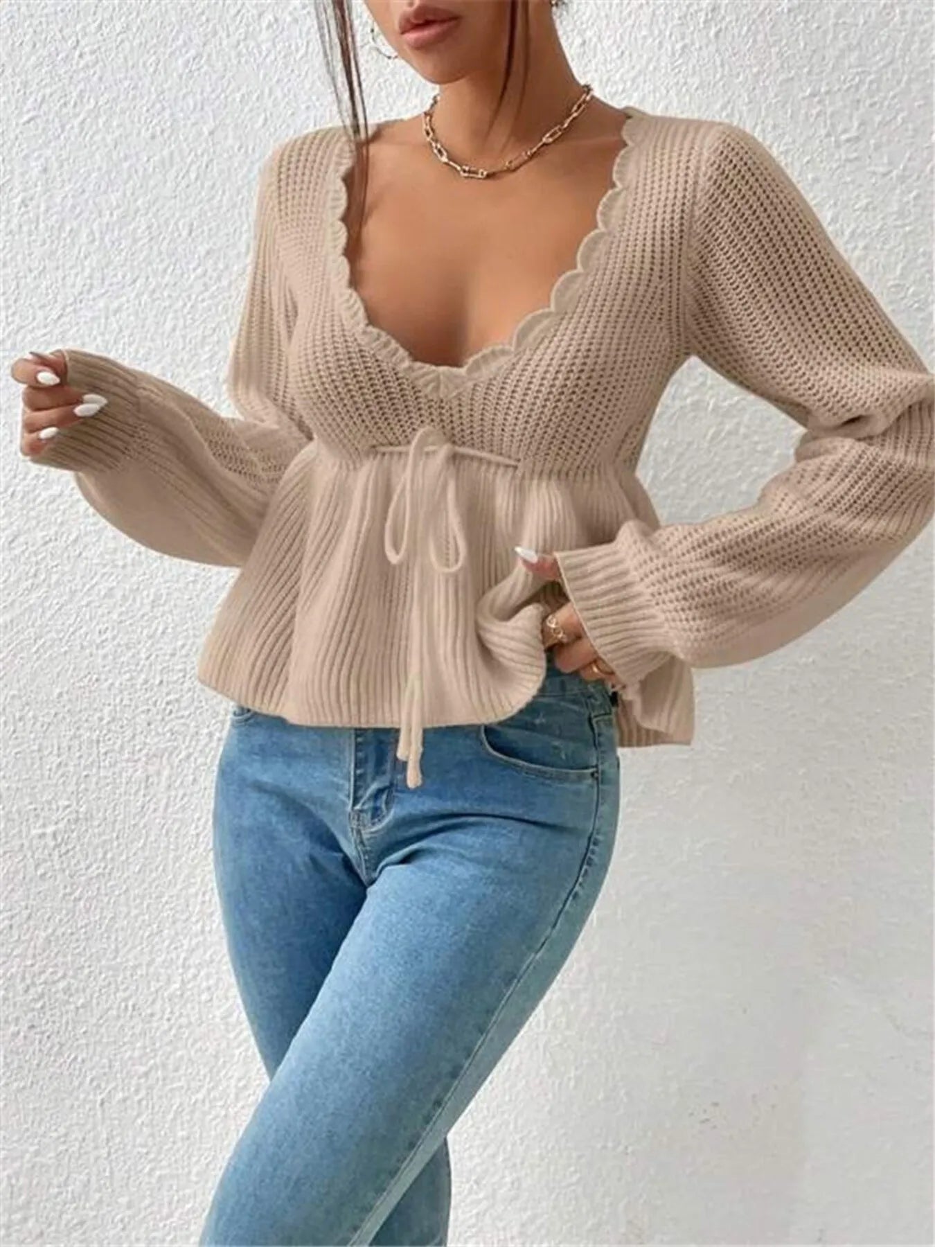 Scalloped V-Neck Drawstring Knit Top