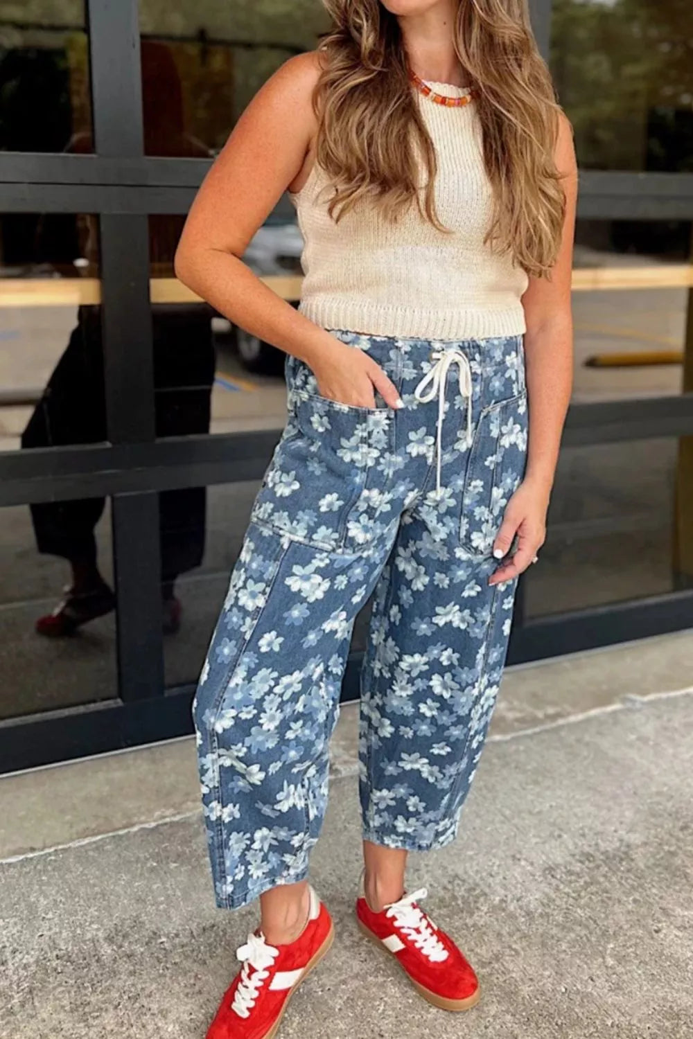 Dainty Floral Printed Drawstring Barrel Jeans