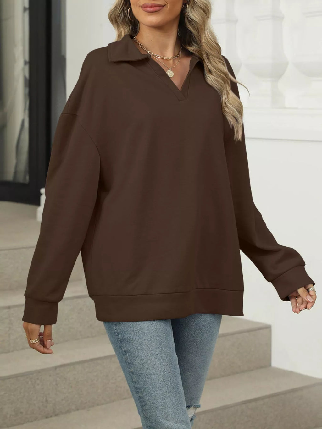 Johnny Collar Drop Shoulder Long Sleeve Sweatshirt