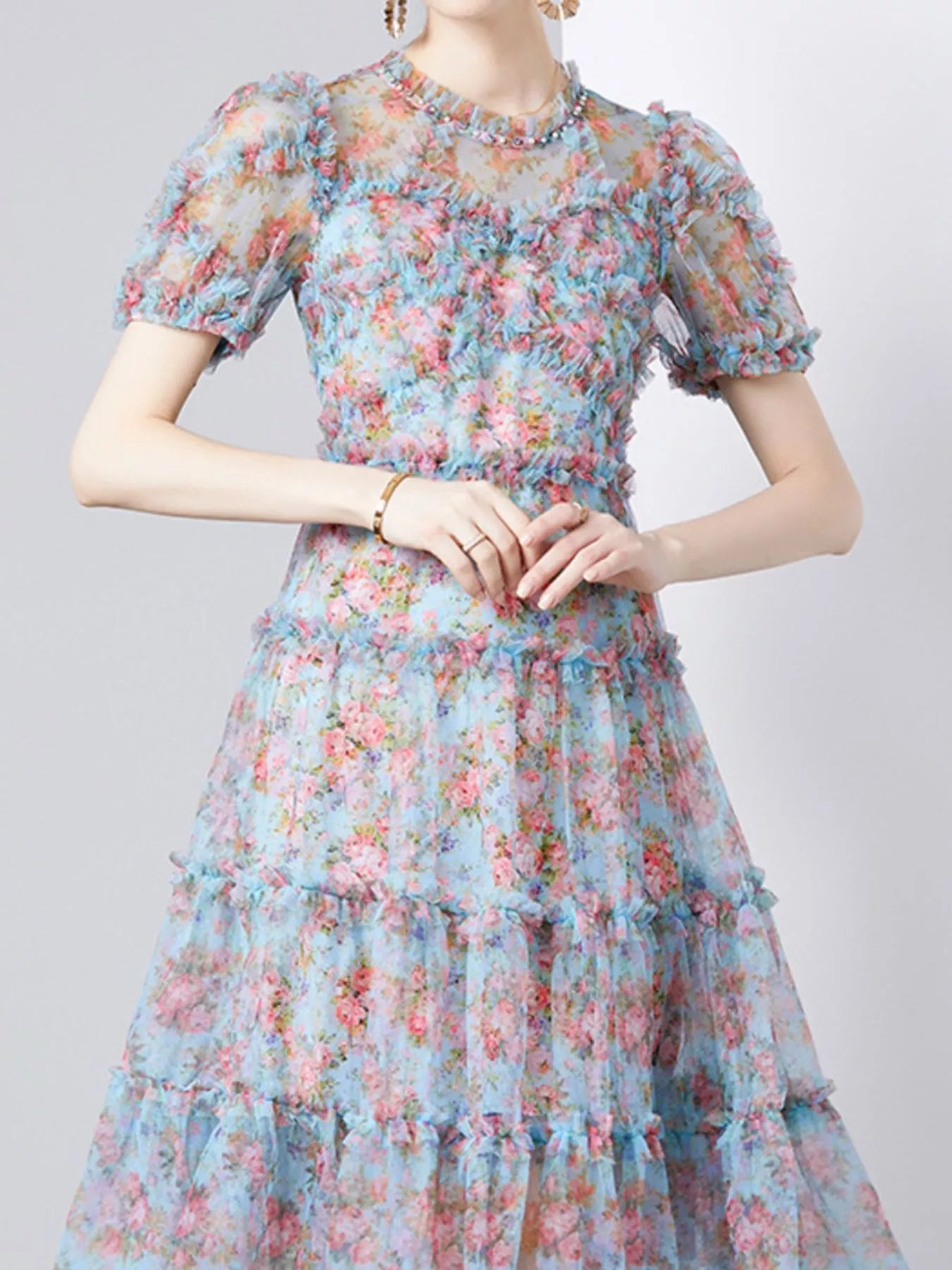 Frill Floral Print Short Sleeve Dress