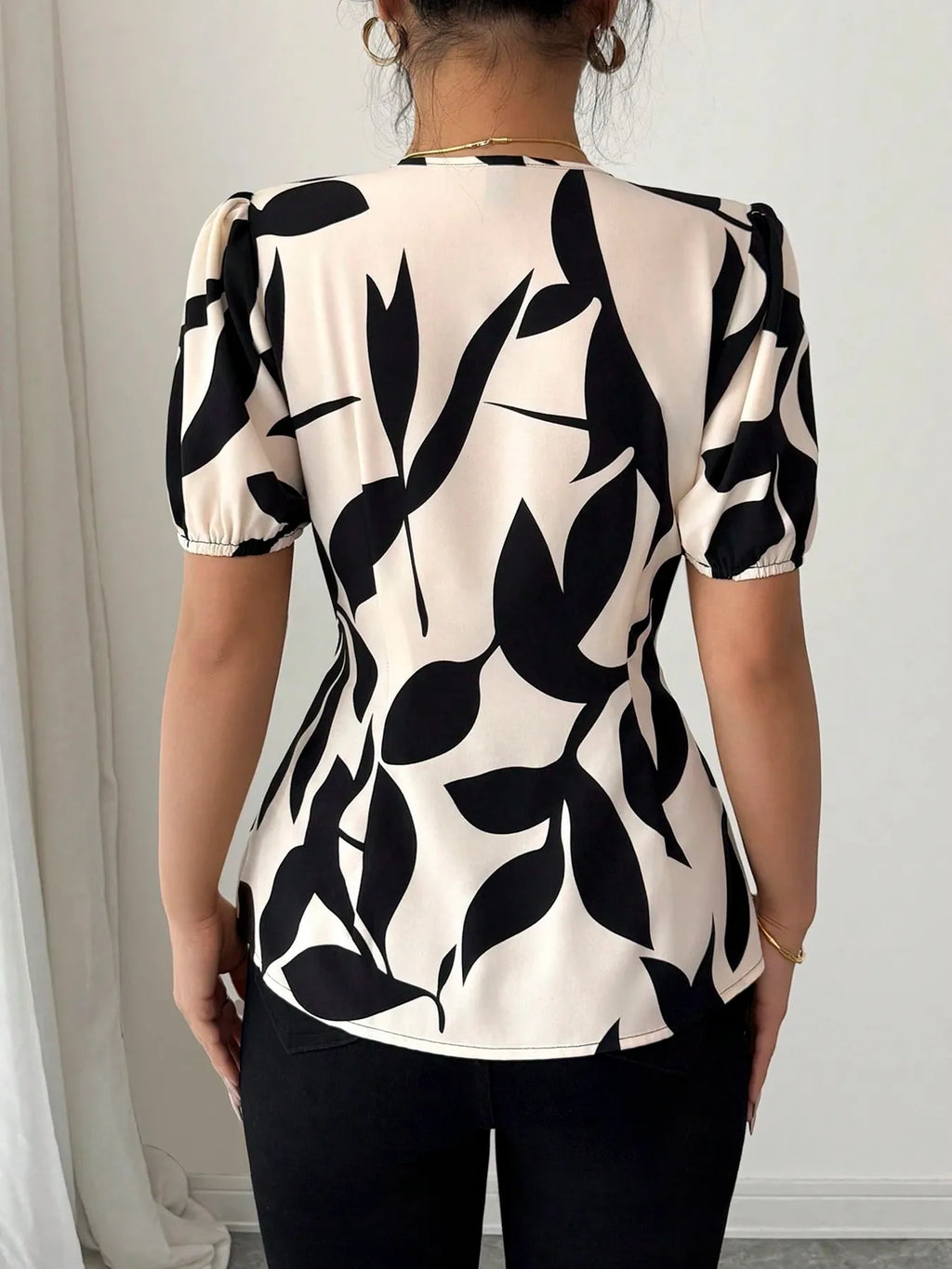 Puff Sleeve Printed Peplum Blouse