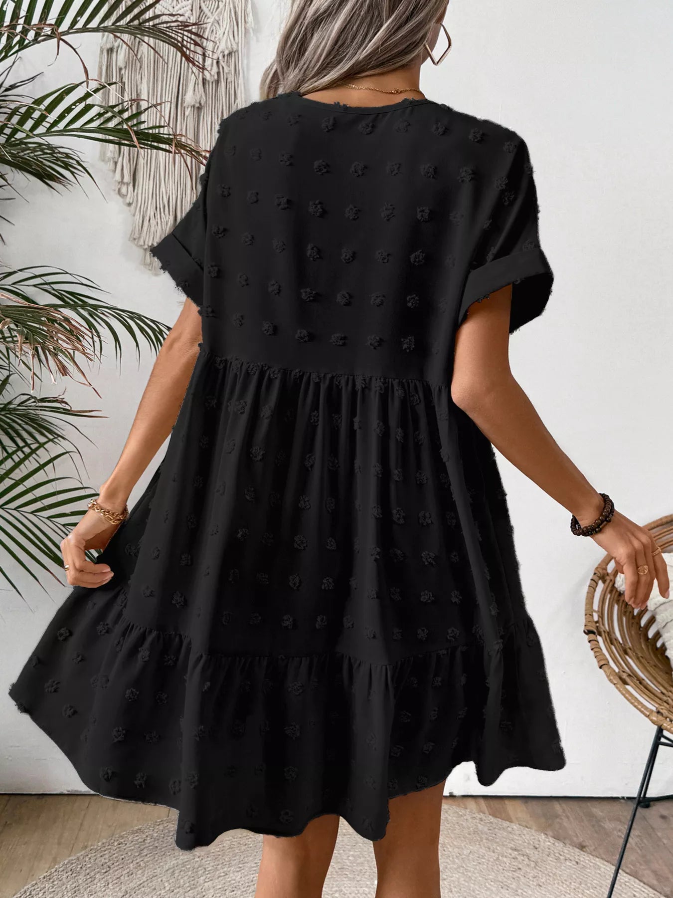 Swiss Dot V-Neck Tiered Mini Dress