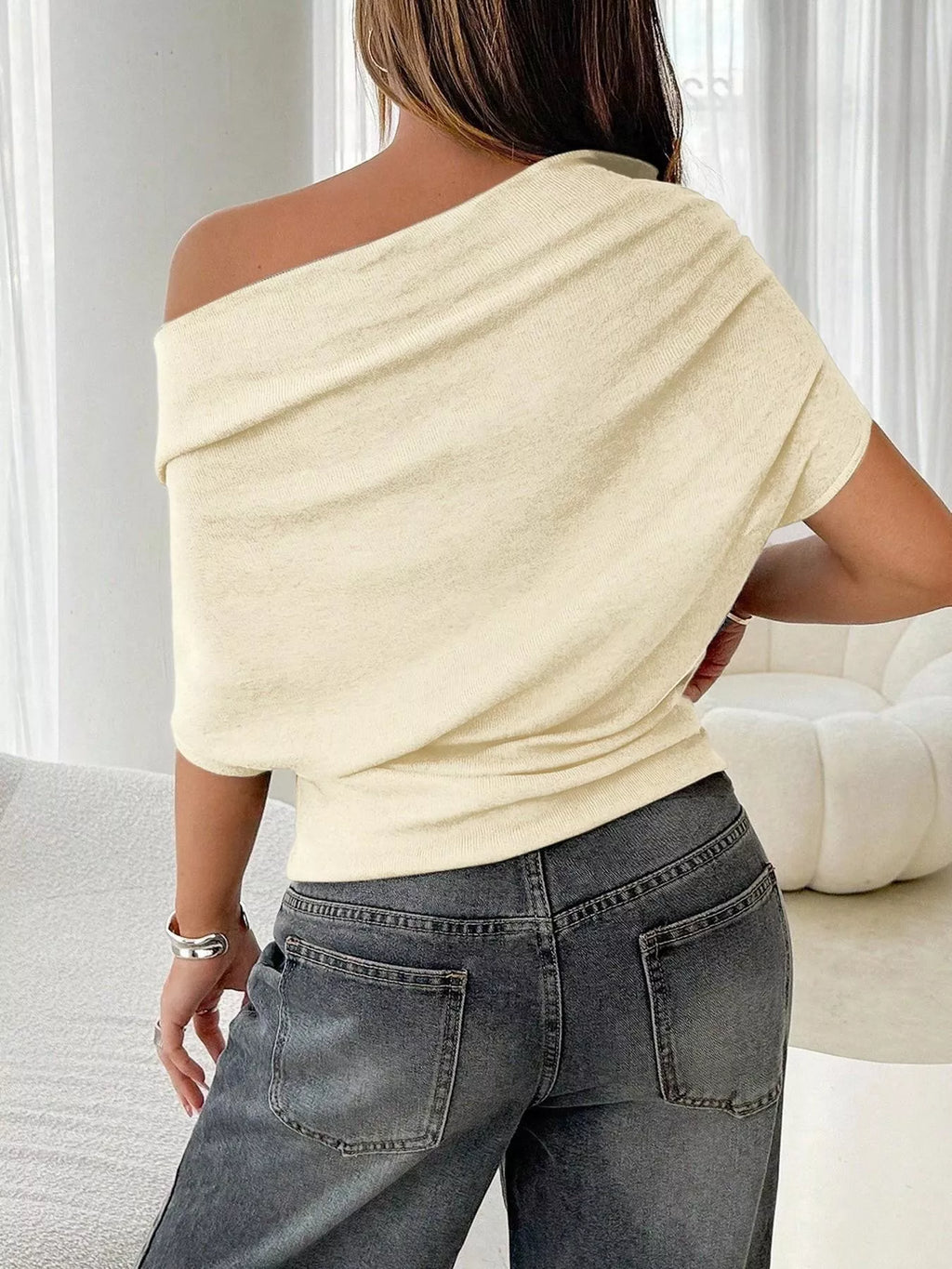 Off-Shoulder Ruched Knit T-Shirt