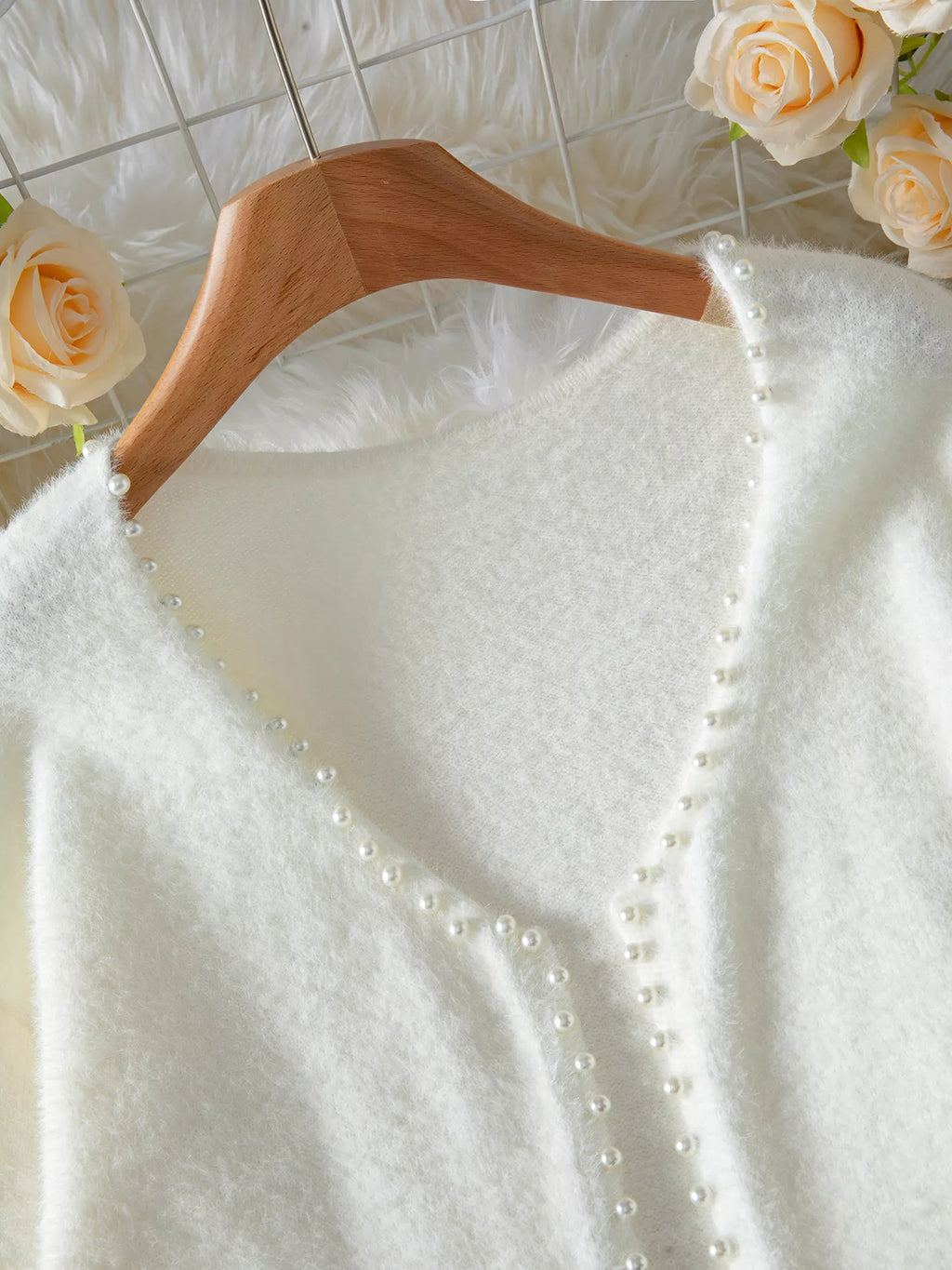 Pearl Trim Fuzzy Knit Cardigan