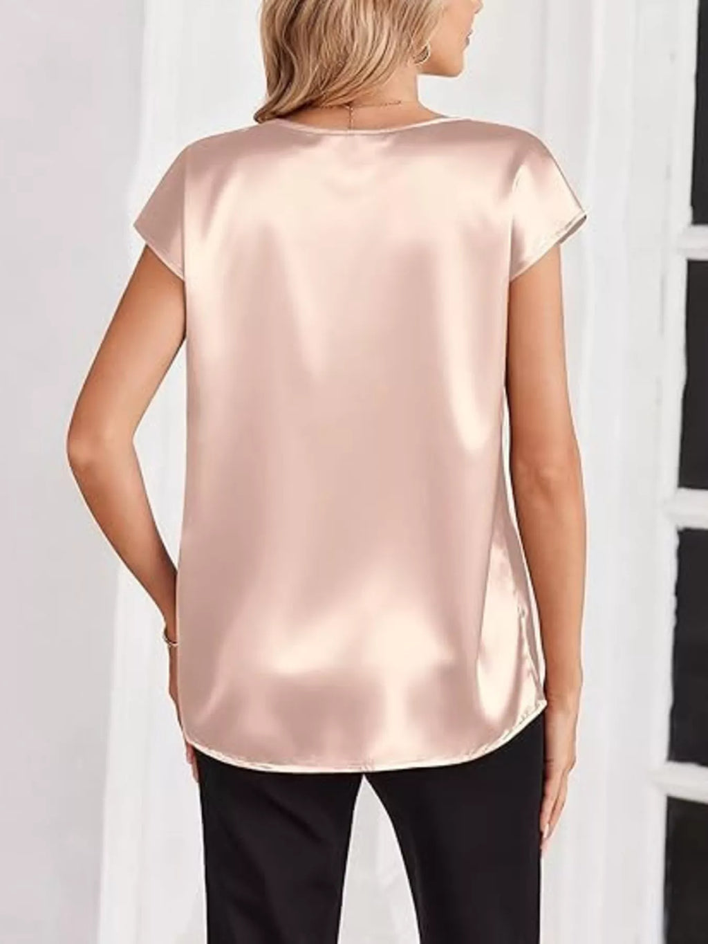 Satin V-Neck Short Sleeve Blouse
