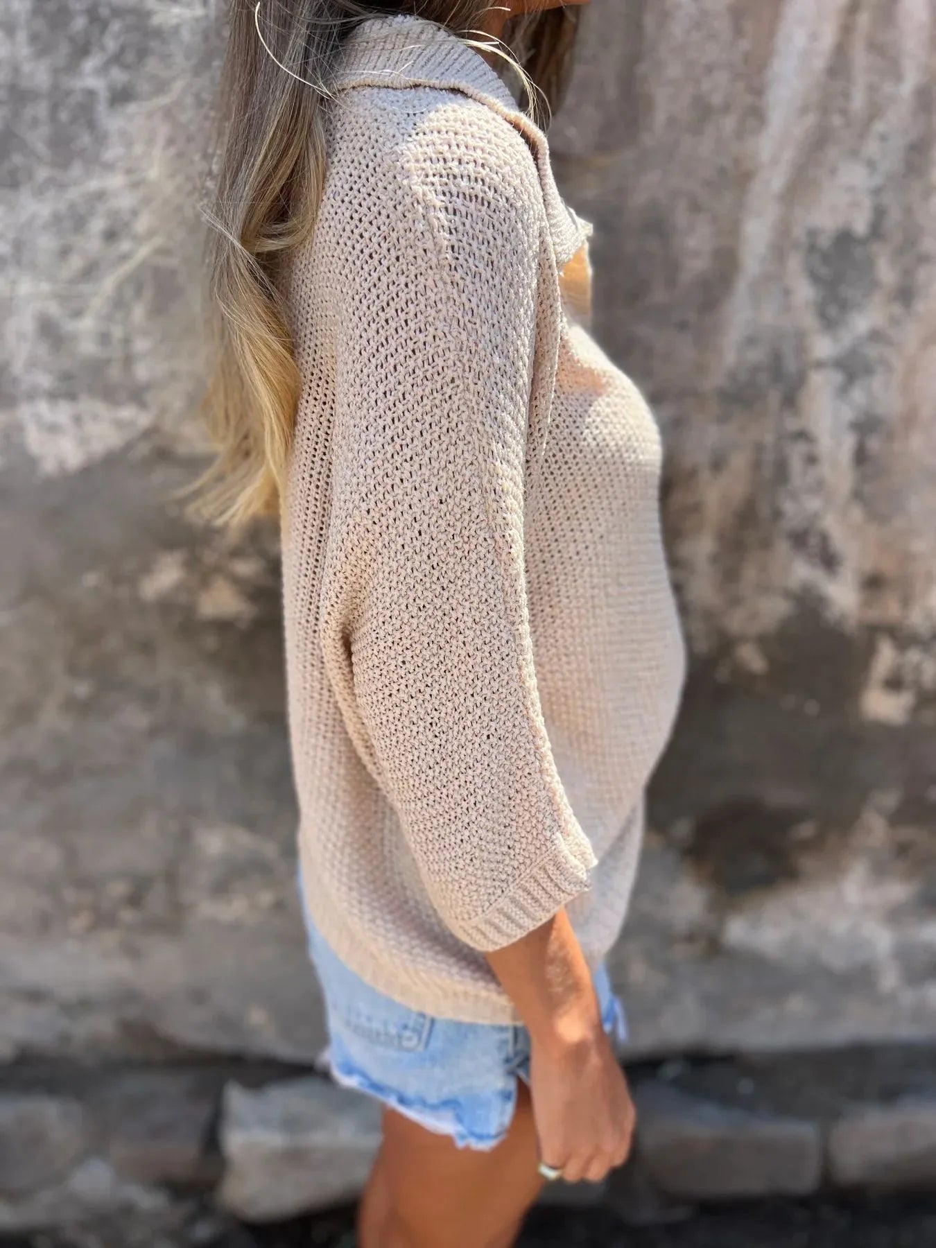 Full Size Johnny Collar Loose Knit Sweater Plus Size