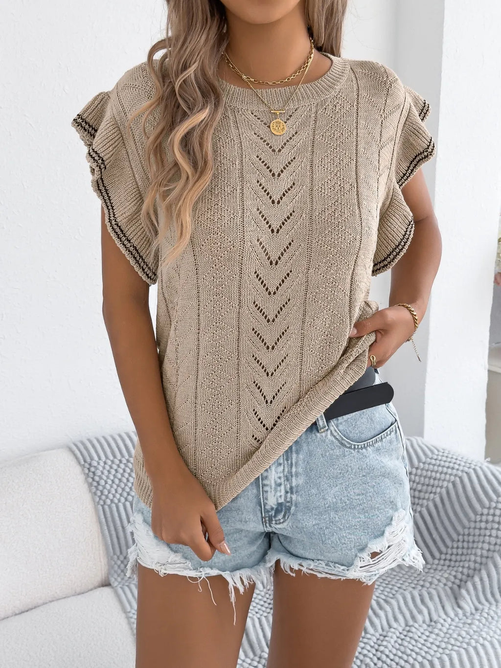 Openwork Round Neck Cap Sleeve Knit Top