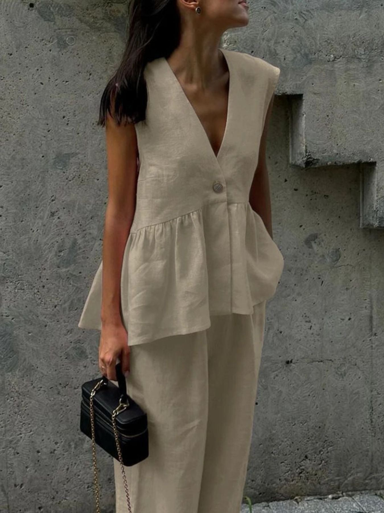 One Button Sleeveless Top and Wide-Leg Pants Set