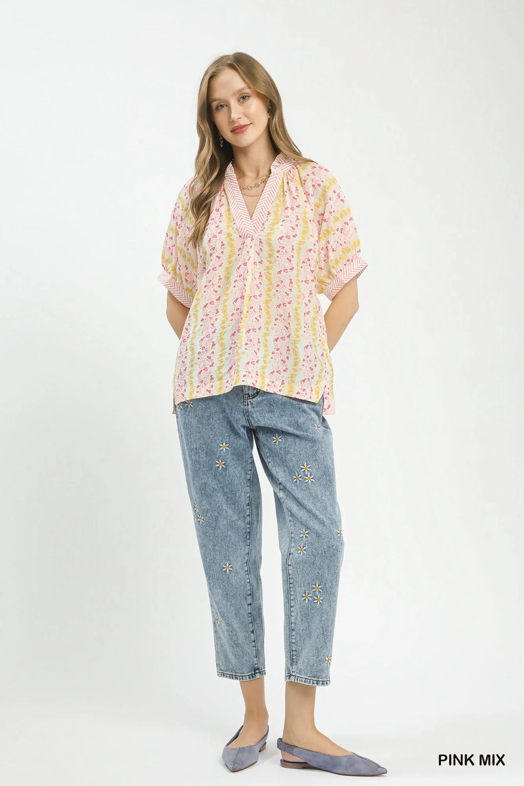 Umgee Mix Print Boho Blouse with Contrast Trim
