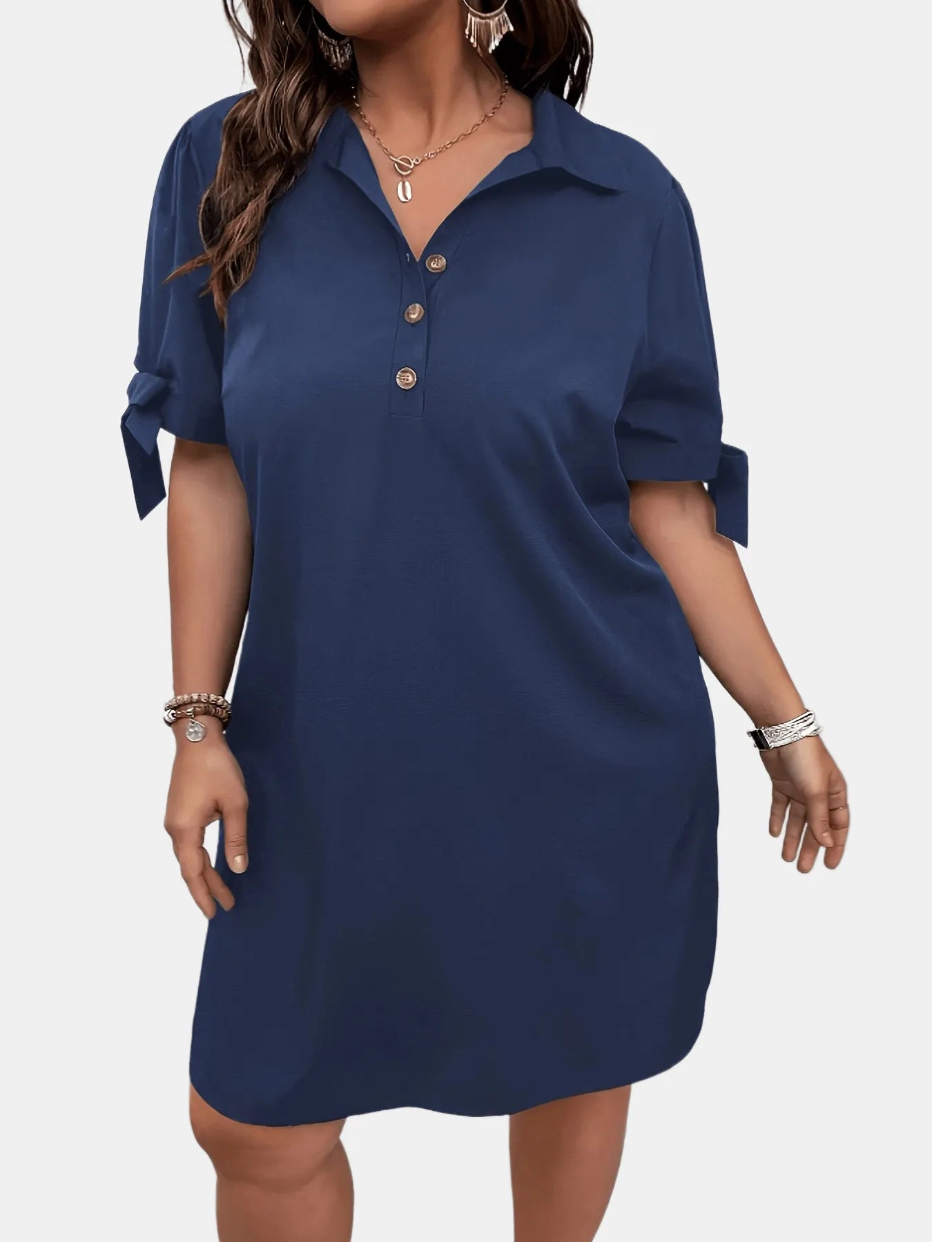 Button Detail Shift Dress with Tie Sleeves