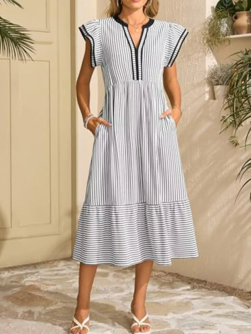 Striped Notched Ruffle Sleeve Dress
