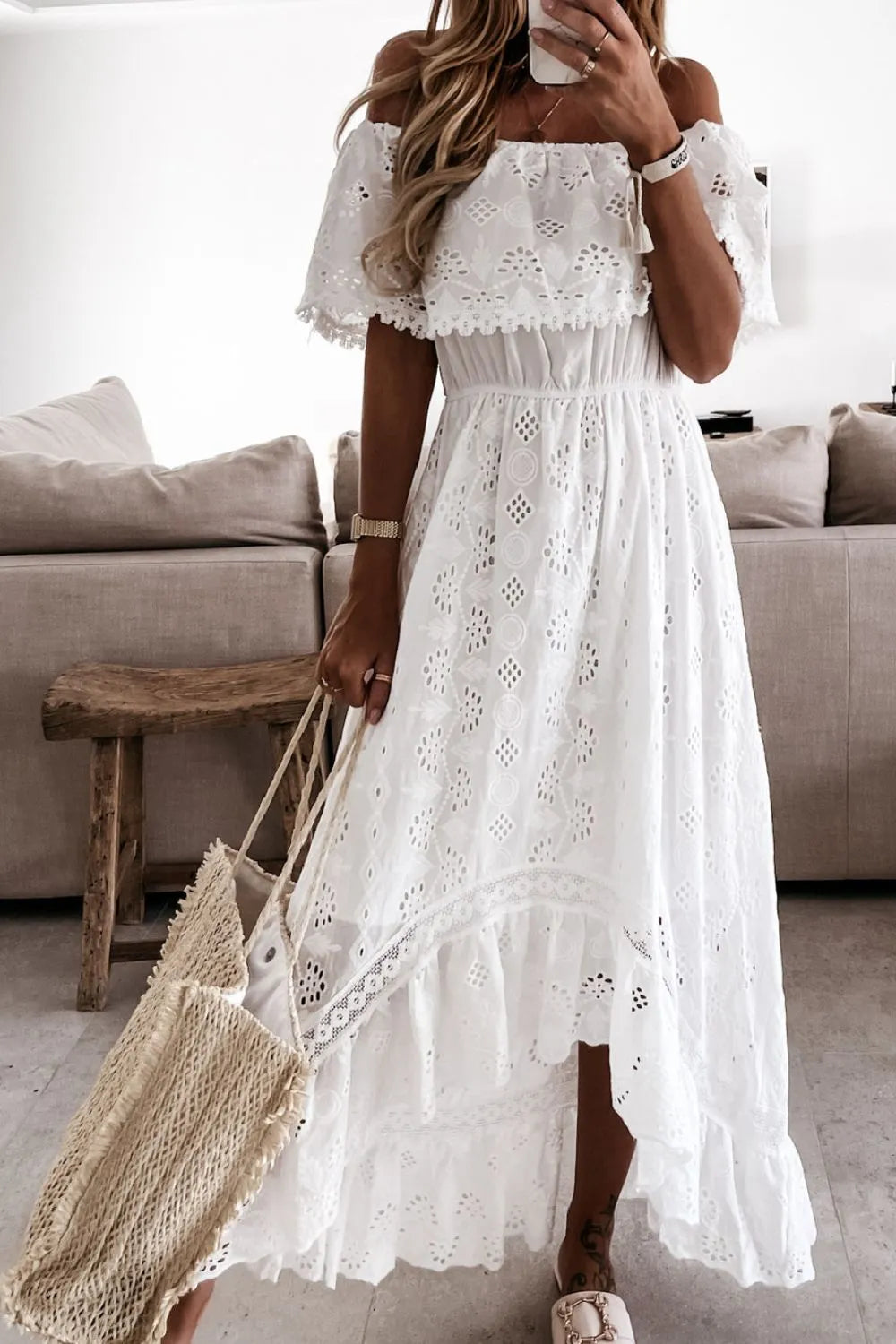 Off Shoulder Eyelet Lace Maxi Dress