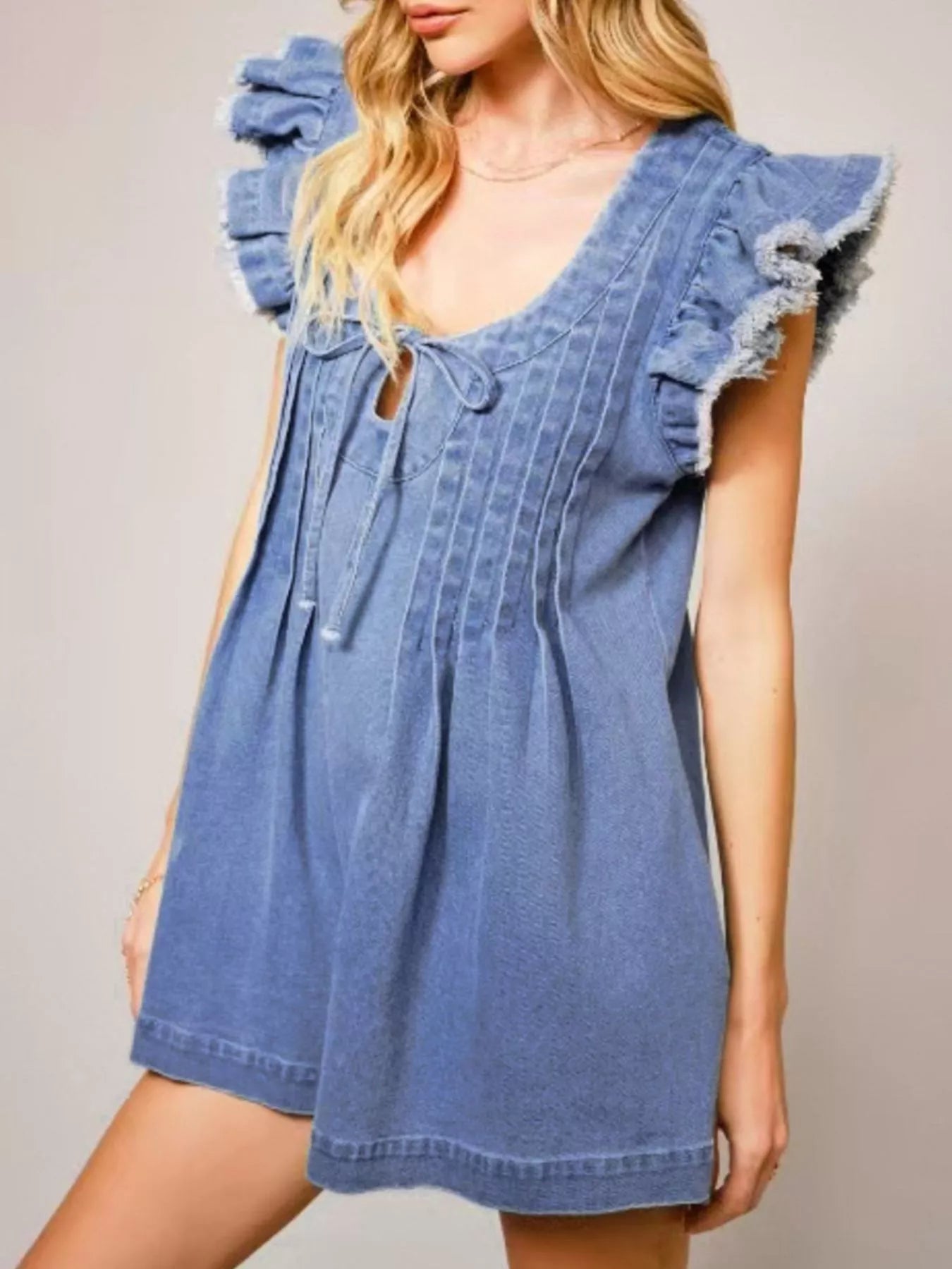 Ruffle Sleeve Denim Romper