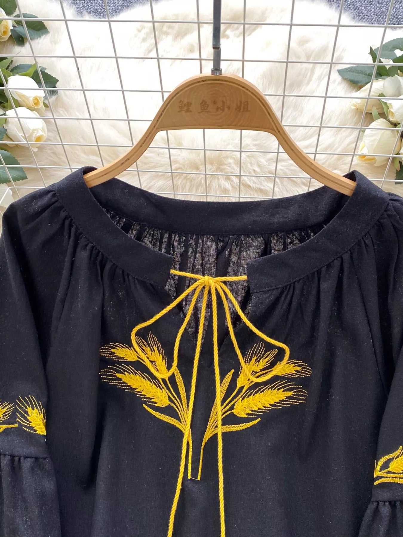 Embroidered Wheat Pattern Tie Neck Blouse