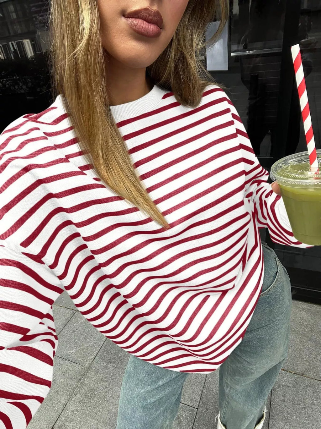Striped Round Neck Oversized Casual Sweatshirt