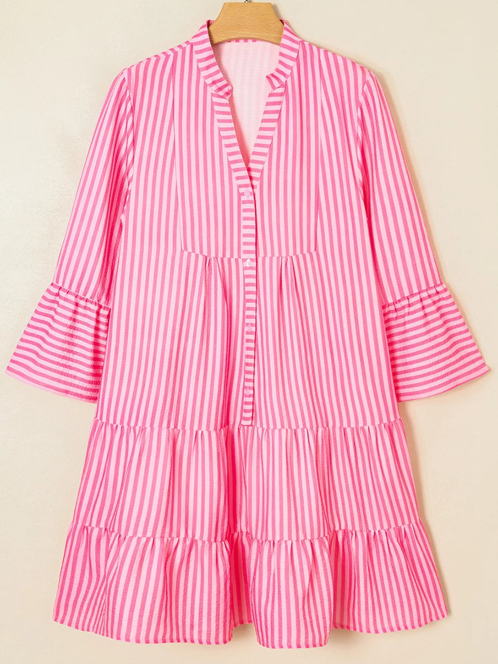 Stripe Flare Sleeve Half Placket Tiered Flowy Mini Dress