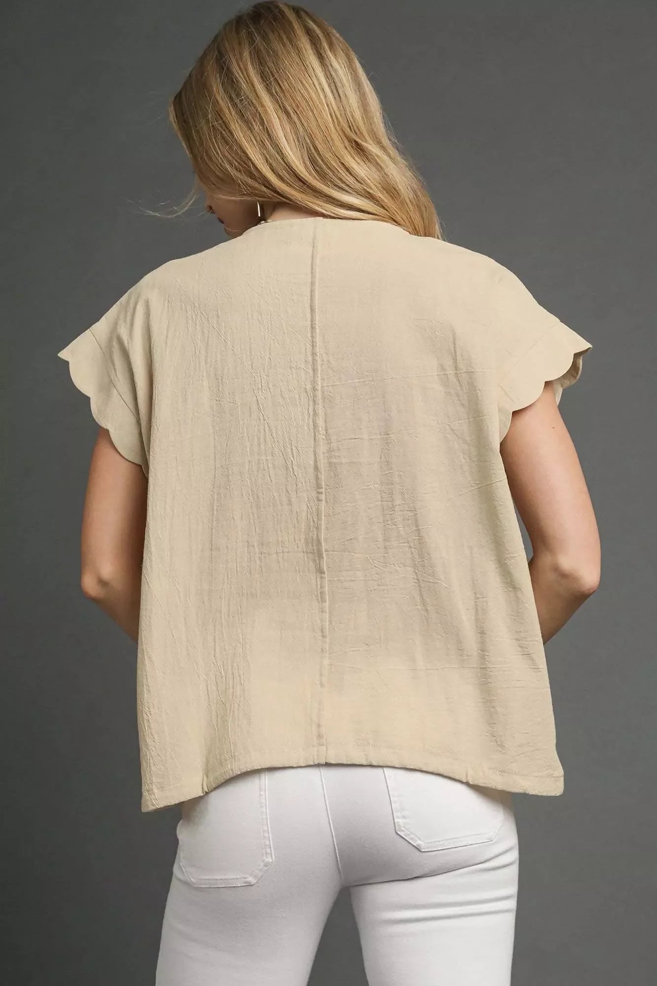 Umgee Embroidered Scallop Sleeve Top with Drawstring Hem