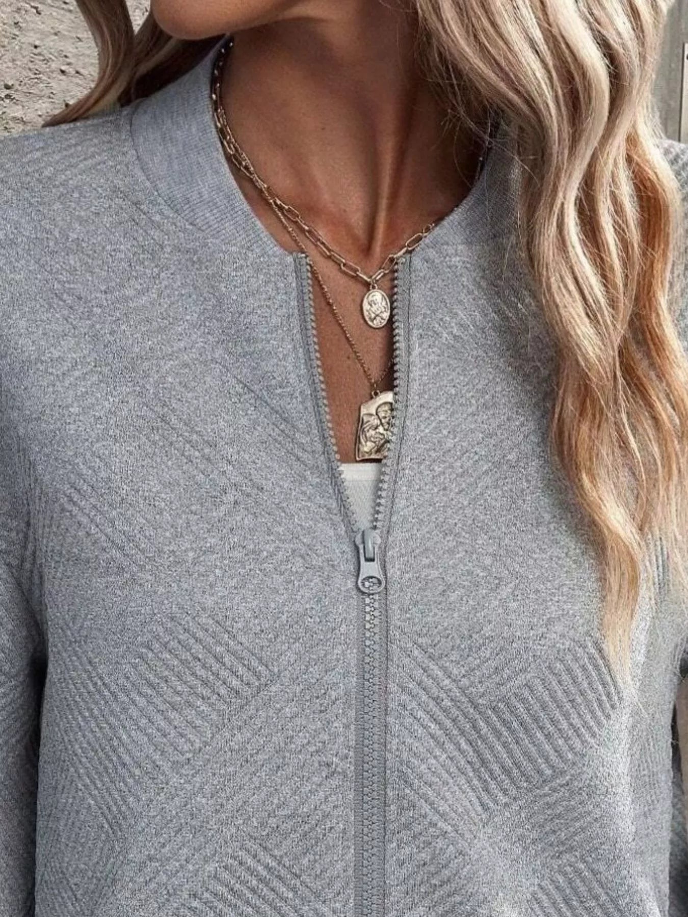 Full Size Zip Up Long Sleeve Textured Jacket Plus Size