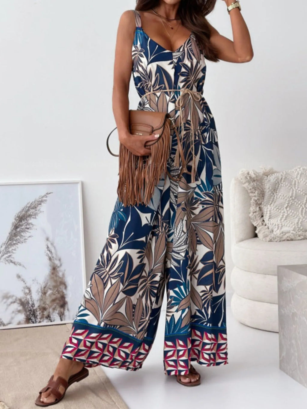 Paisley Print Spaghetti Strap Wide Leg Jumpsuit