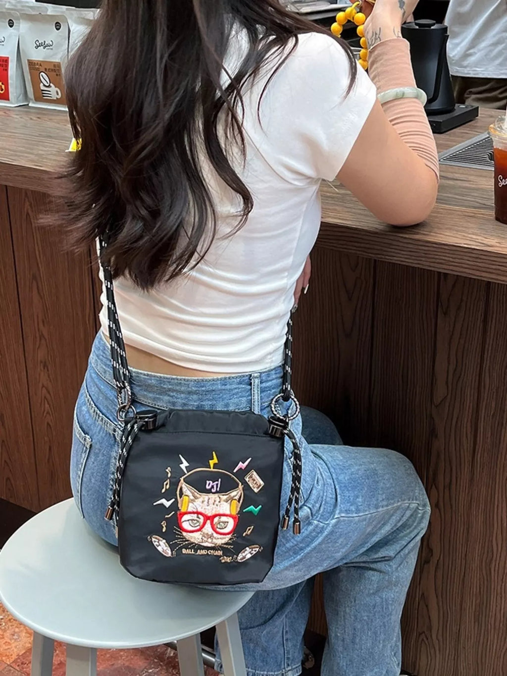 Embroidered Crossbody Bag with Rope Strap
