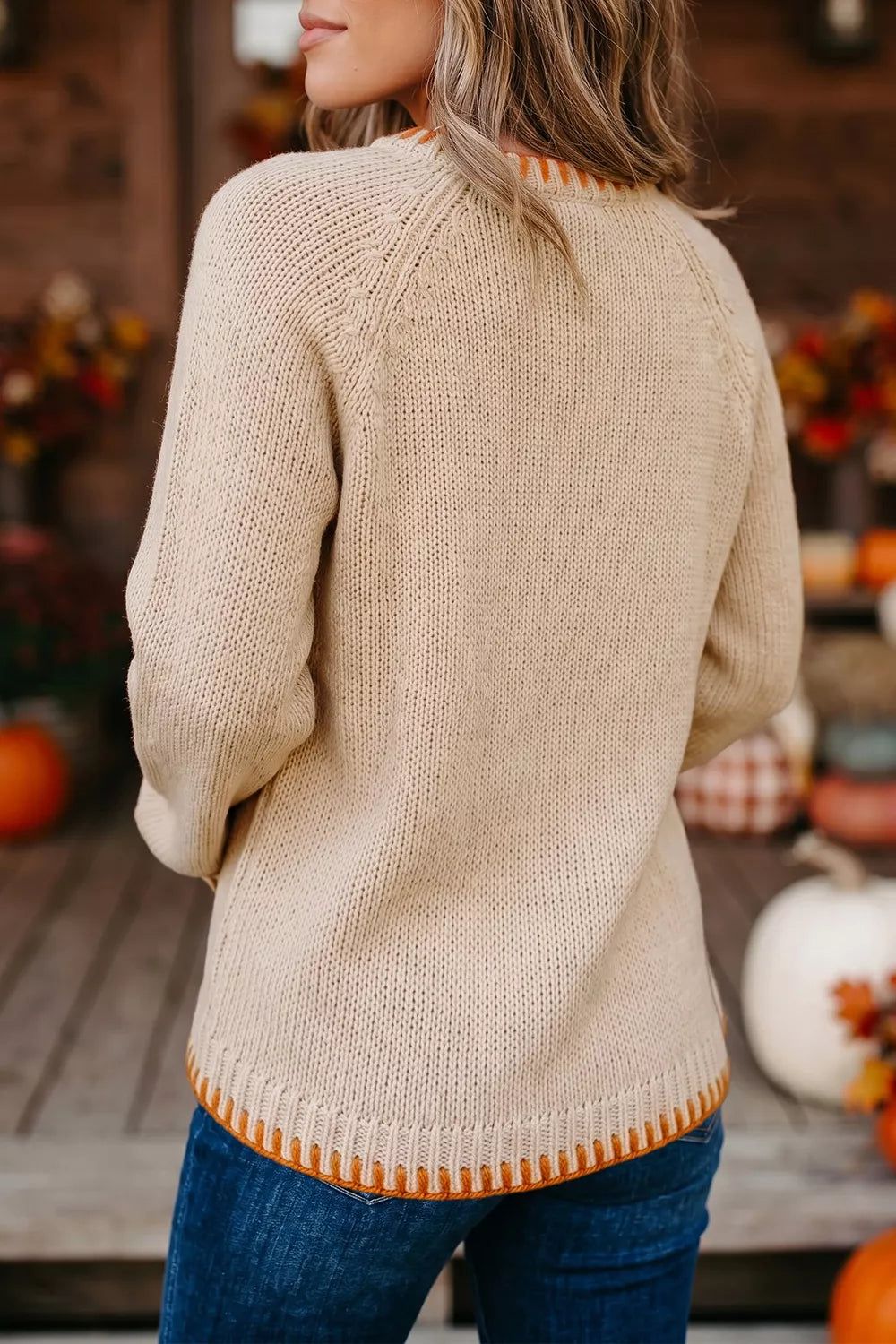 Floral Embroidery Pumpkin Long Sleeve Round Neck Sweater