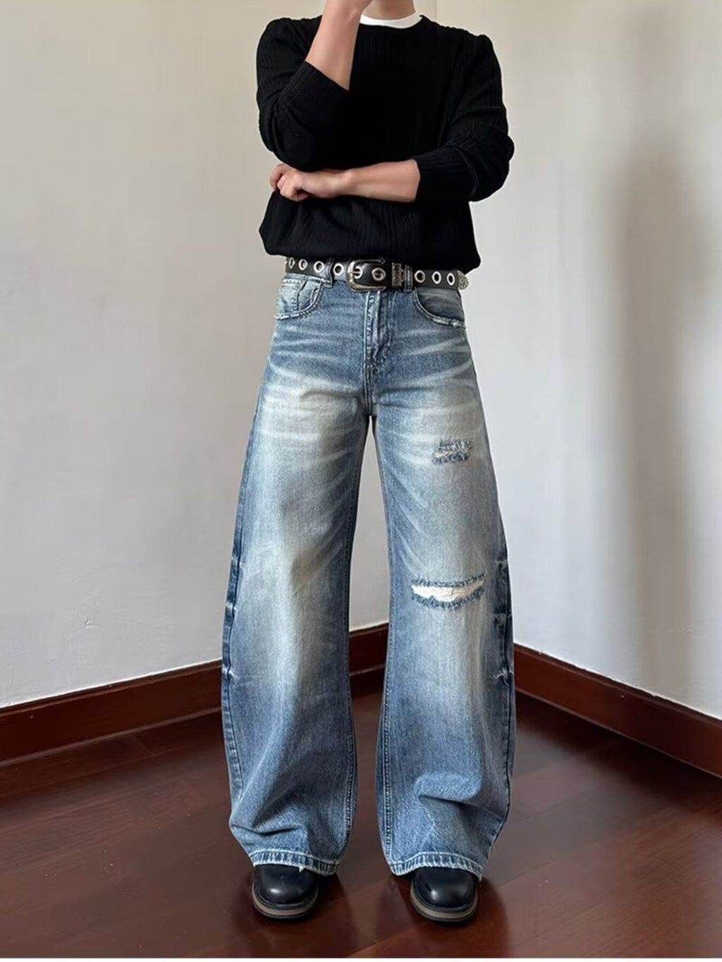 Men's Full Size Distressed Wide Leg Jeans Plus Size