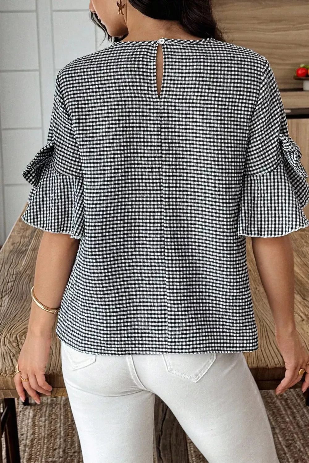 Gingham Bow Half Sleeve Blouse
