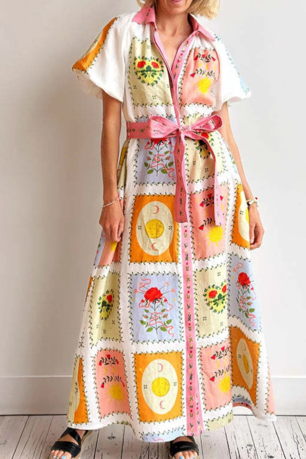 Printed Short Sleeve Belted Maxi Dress