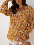 Floral Ruffled Bubble Sleeve Tie Neck Blouse