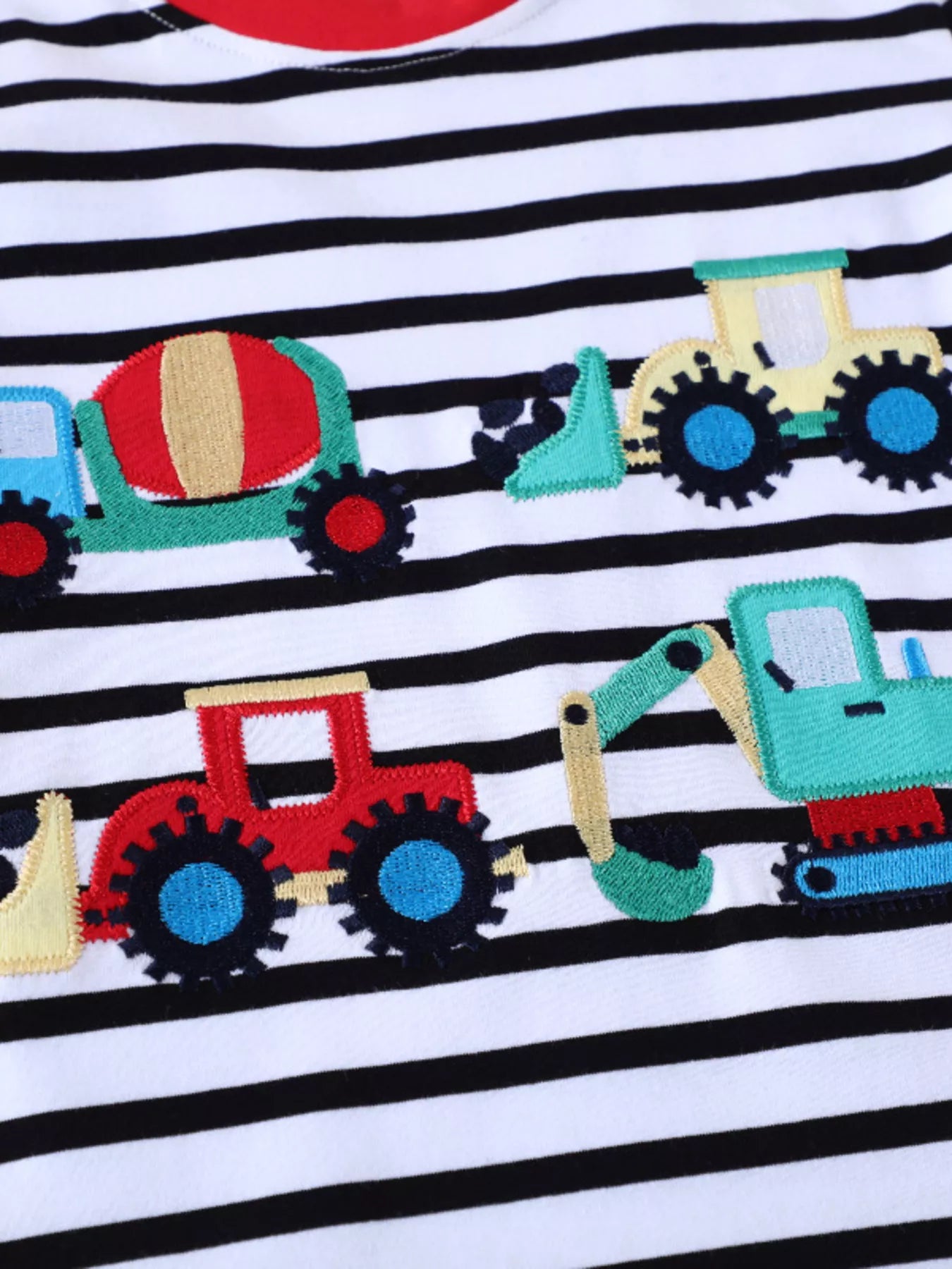 Children's Striped Long Sleeve T-Shirt with Construction Vehicle Appliques