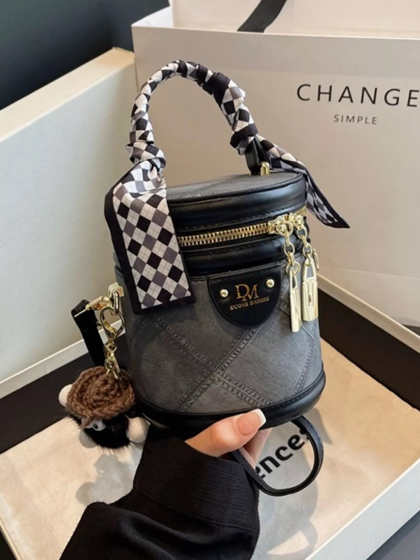 Bucket Crossbody Bag with Scarf Accent